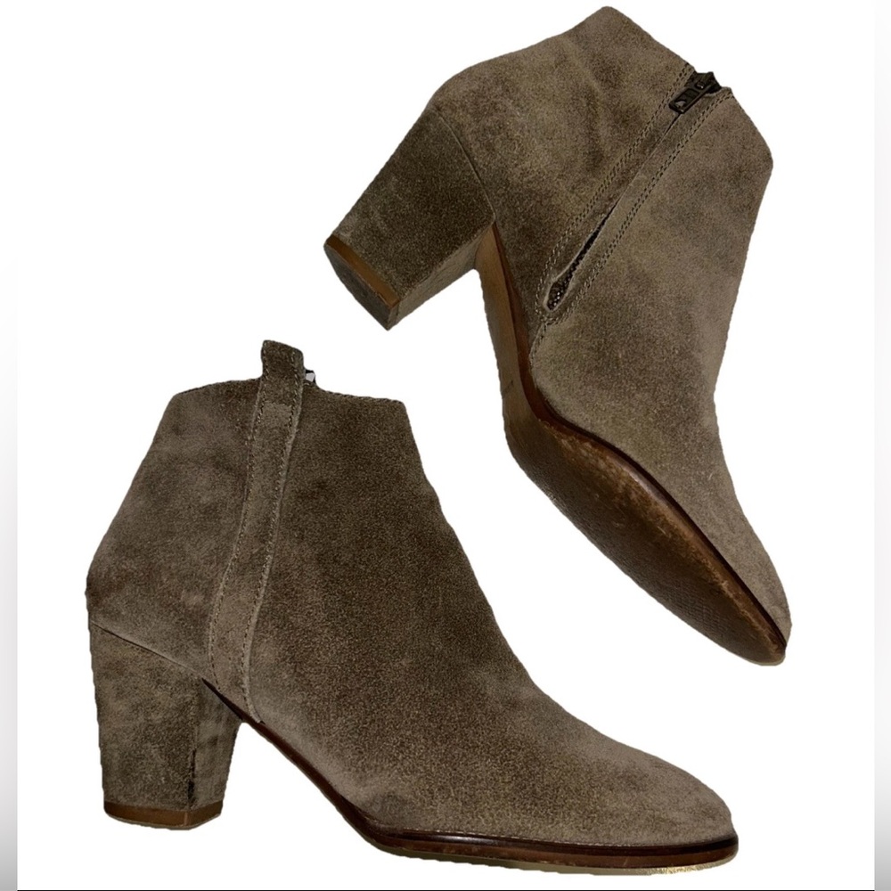 Madewell Women’s Sz 7 Billie Ankle Boots Suede Block Heel Side Zip Olive Green